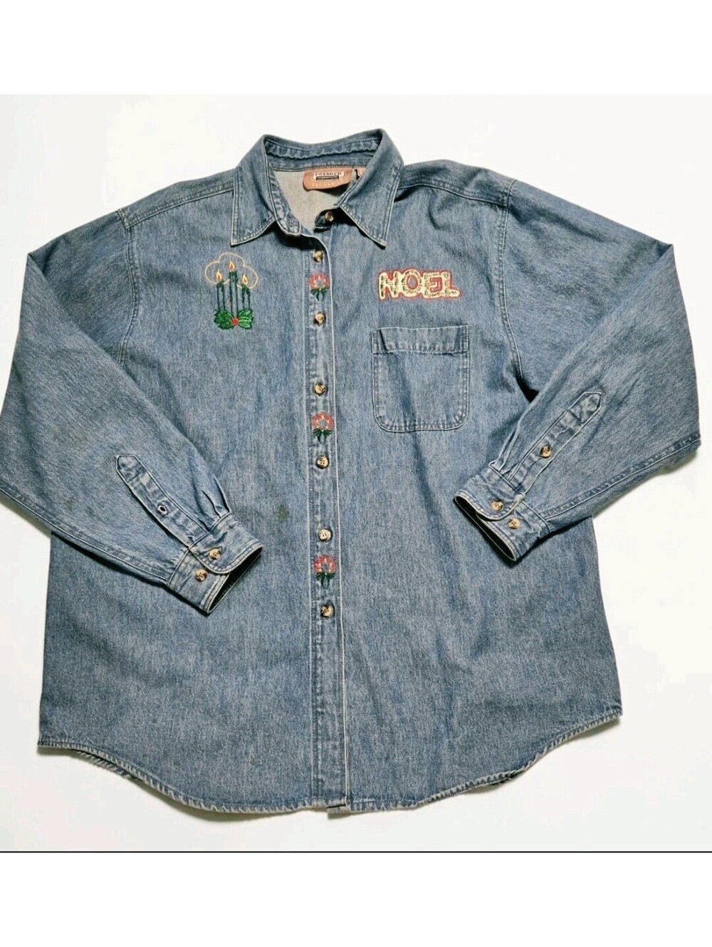 Vtg 90s Premier International Noel Christmas Denim Shirt Womens L Embroidered